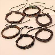 Ensemble de 6 bracelets hommes en cuir marron, style tressé avec motif arbre de vie en métal.