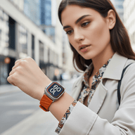 Bracelet Apple Watch Esmeralda orange tressé, boucle métallique, design chic et durable pour femme.
