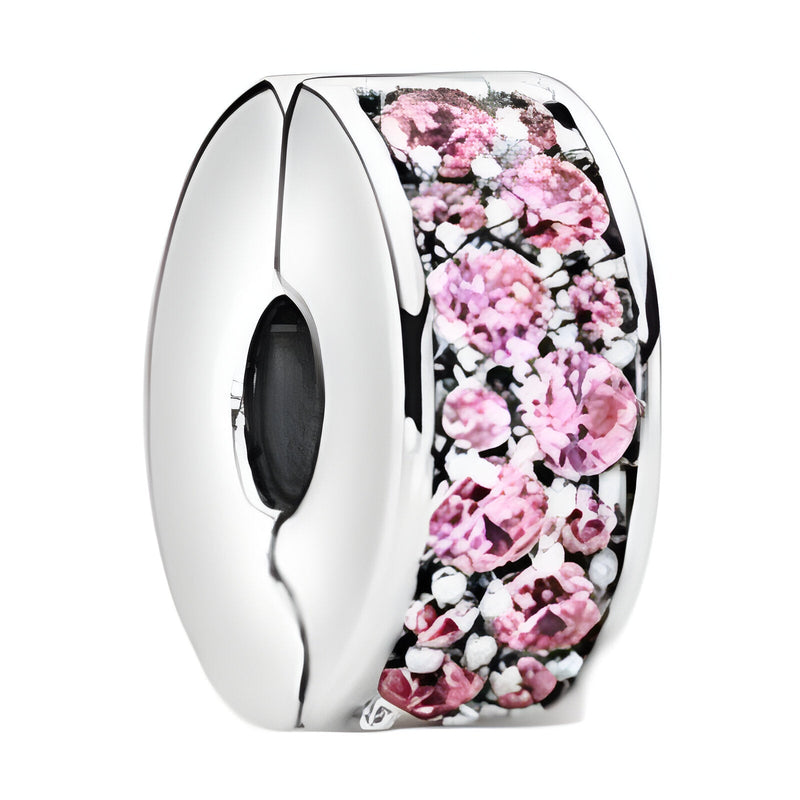 Espaceur pour charm en argent avec rangée de cristaux roses scintillants.