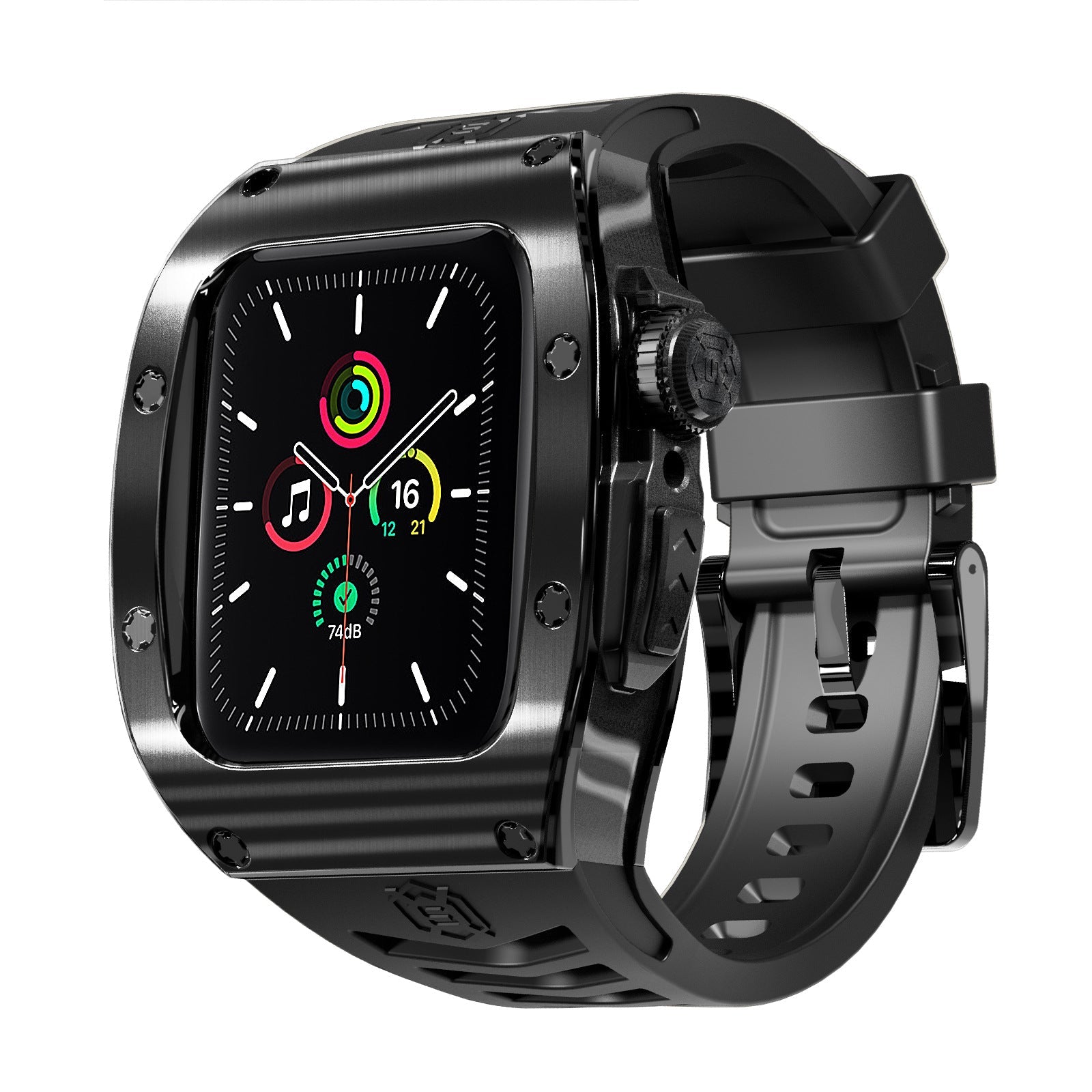 Étui de protection noir renforcé avec bracelet silicone ajouré, style robuste et moderne pour Apple Watch.