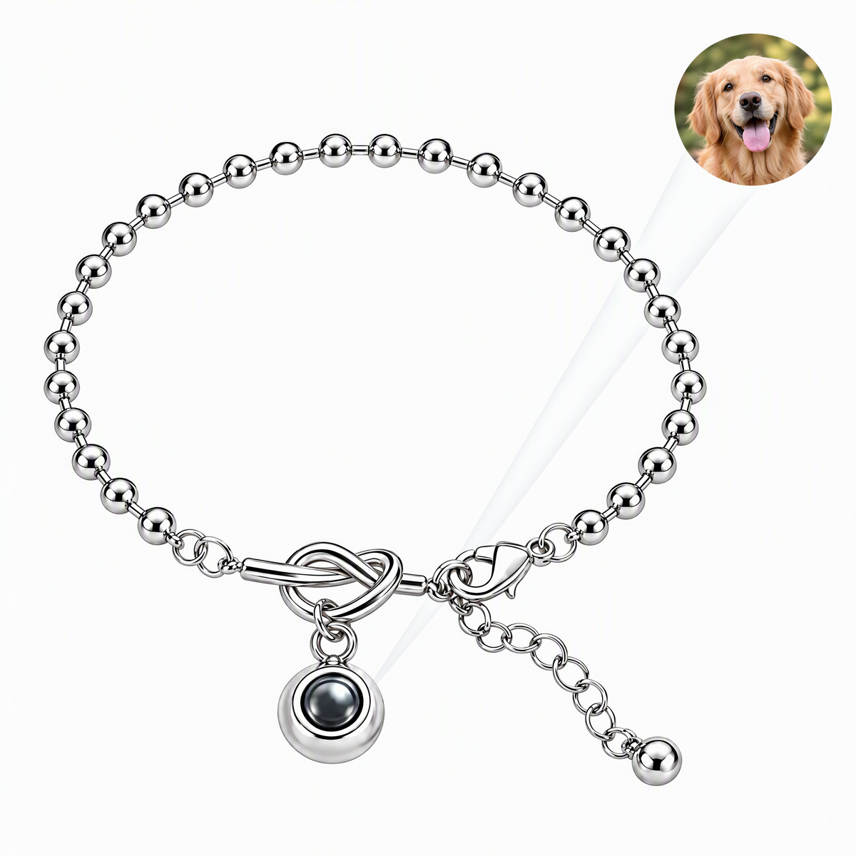 Bracelet photo personnalisé en acier inoxydable, à nœud central, modèle Fabia — Argent — packshot studio photo-projection nette