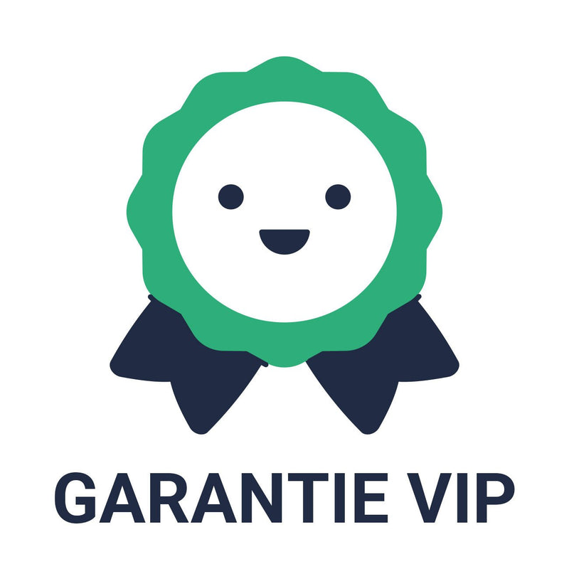 Logo rond vert avec un visage souriant blanc, texte Garantie VIP en noir en dessous.