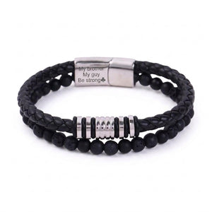 Bracelet personnalisé double rang en pierre volcanique et croûte de cuir, fermoir magnétique, gravure offerte, modèle Gusto