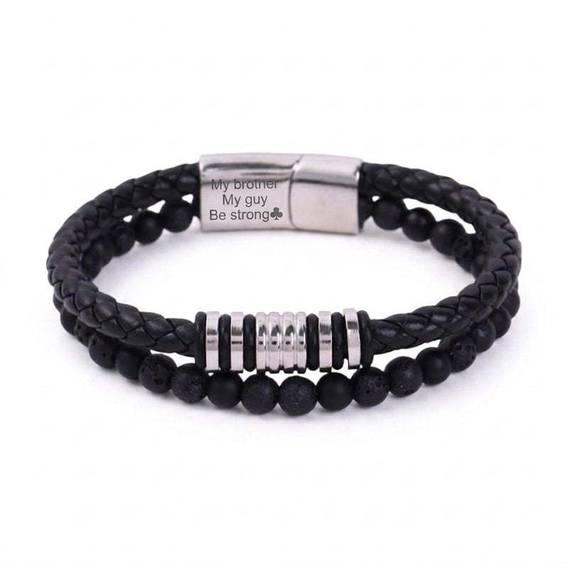 Bracelet personnalisé double rang en pierre volcanique et croûte de cuir, fermoir magnétique, gravure offerte, modèle Gusto
