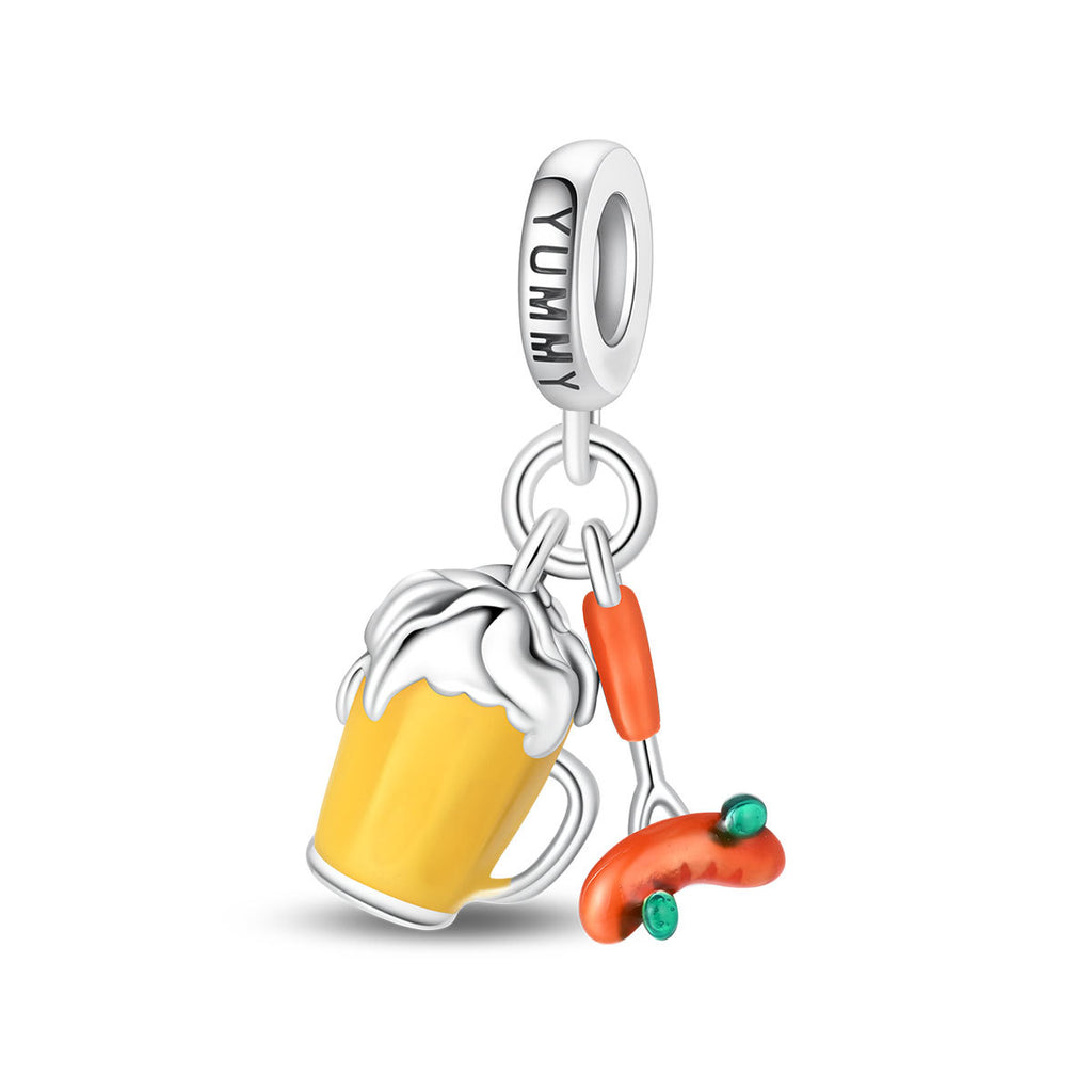 Charm, Pendentif voyage et vacances en argent, pour femme, modèle Bière et Saucisse Yummy