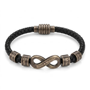 Bracelet infini personnalisable, croûte de cuir noir tressée, 4 anneaux à graver, acier inoxydable, fermoir magnétique, modèle Hestio