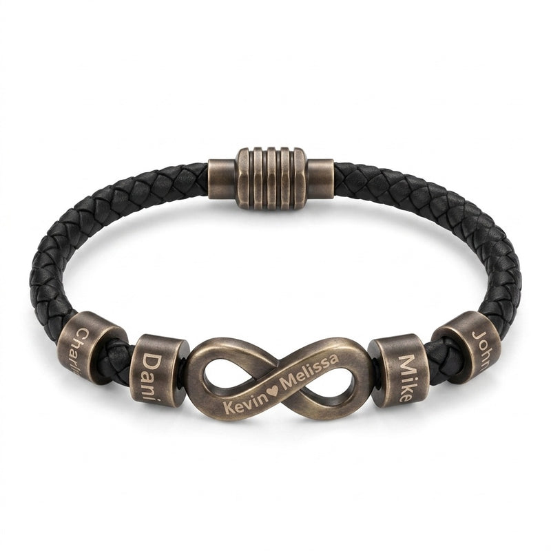 Bracelet infini personnalisable, croûte de cuir noir tressée, 4 anneaux à graver, acier inoxydable, fermoir magnétique, modèle Hestio