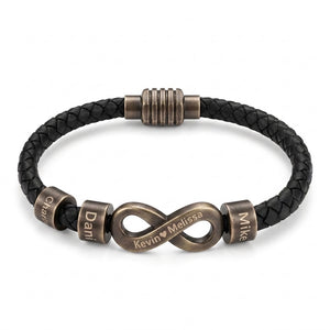 Bracelet infini personnalisable, croûte de cuir noir tressée, 3 anneaux à graver, acier inoxydable, fermoir magnétique, modèle Hestio