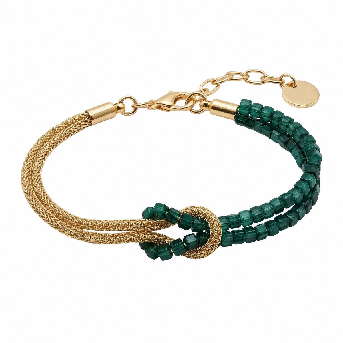 Double-strand bracelet with natural stones, twisted golden cord, central knot, Idecine model