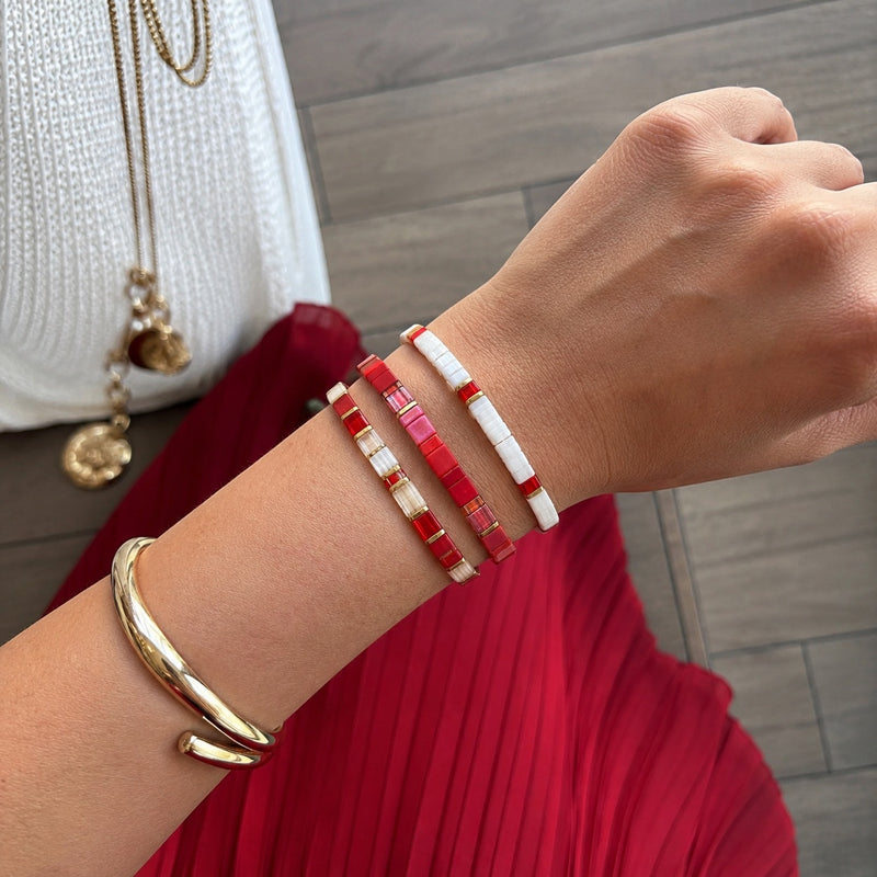Trio aus Miyuki-Perlenarmbändern aus Japan in Rot und Weiß, Schmuckset für Damen, elastische Armbänder, 3-teiliges Set, ausdrucksstarke und feminine Accessoires, Modell Anuka