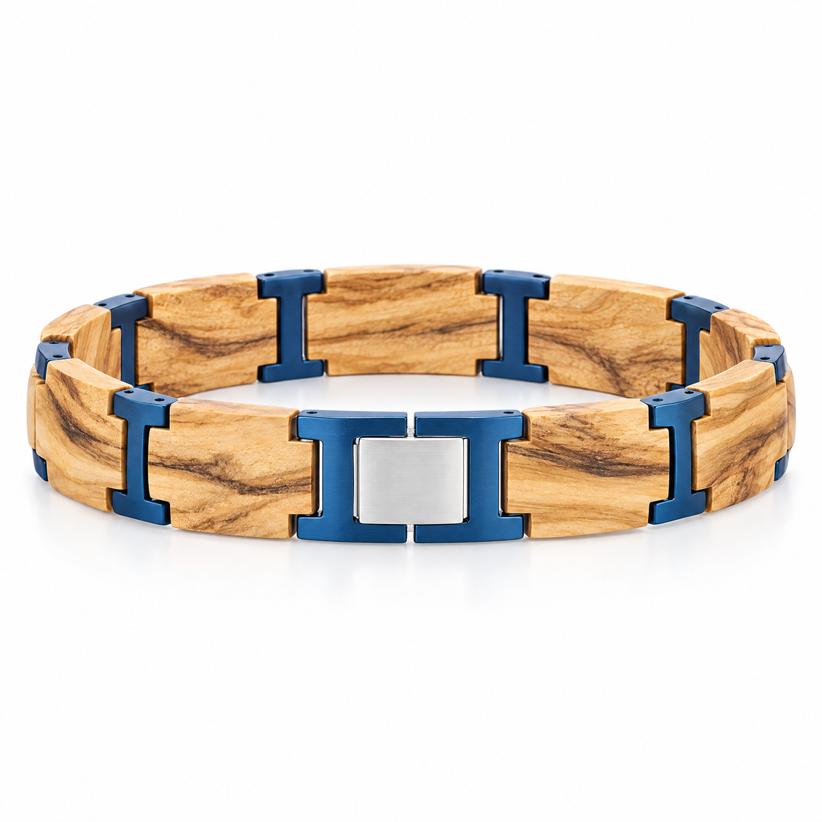Packshot studio bracelet Jérémy Beige et bleu, vue de face sur fond blanc — 8 octobre 2026