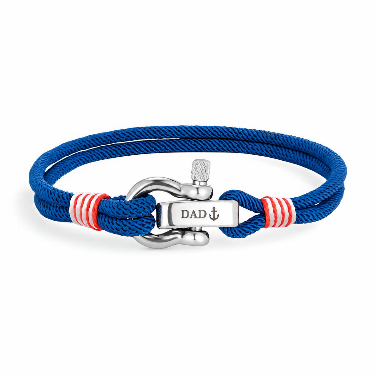 Bracelet Kenny Bleu électrique, manille en acier inoxydable personnalisée DAD ⚓, posé de face sur fond blanc