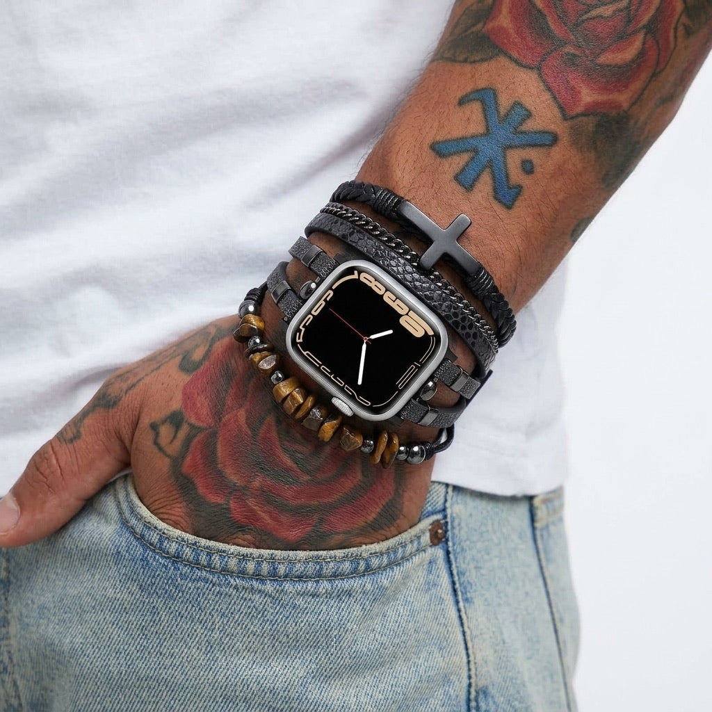 Bracelet Apple Watch multirangs avec croix chrétienne, détails contrastés, chaîne élégante, ajustement rapide, Kléder