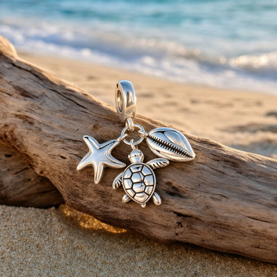 Charm pendente trio marino, stella marina e conchiglie, finitura argentata, modello Pelagos