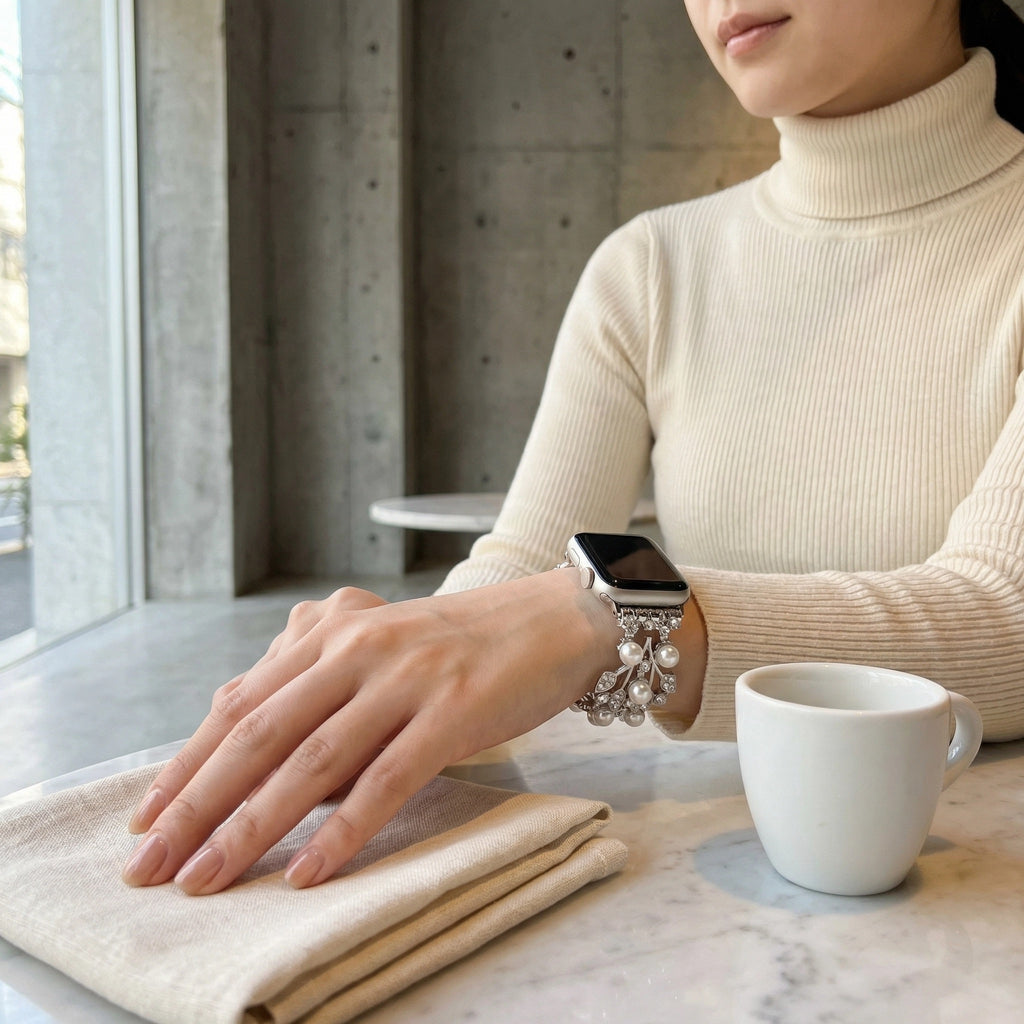 Apple Watch Bracelet for Women, Elastic Metal Alloy Set with Pearl Beads and Sparkling Rhinestones, Elegant Wrist Accessory, Térikale Model