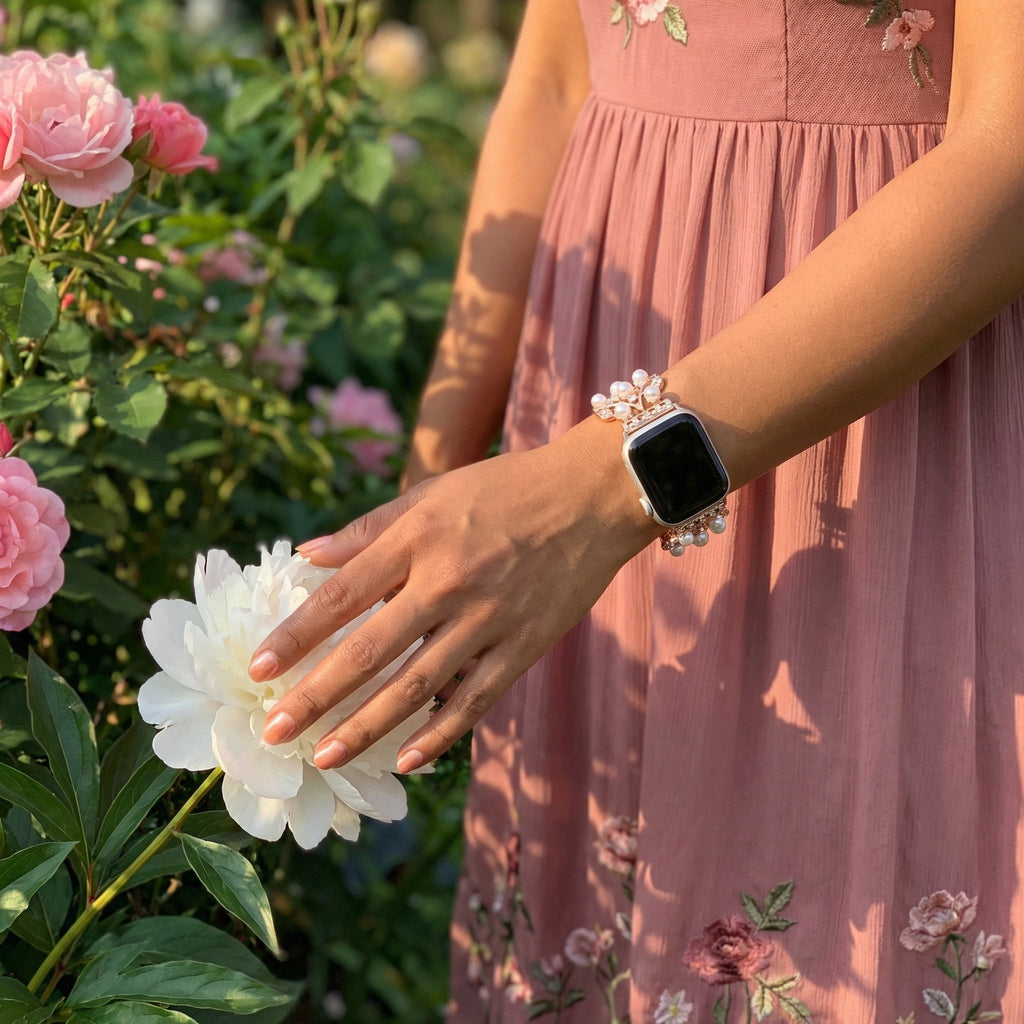 Apple Watch Bracelet for Women, Elastic Metal Alloy Set with Pearl Beads and Sparkling Rhinestones, Elegant Wrist Accessory, Térikale Model