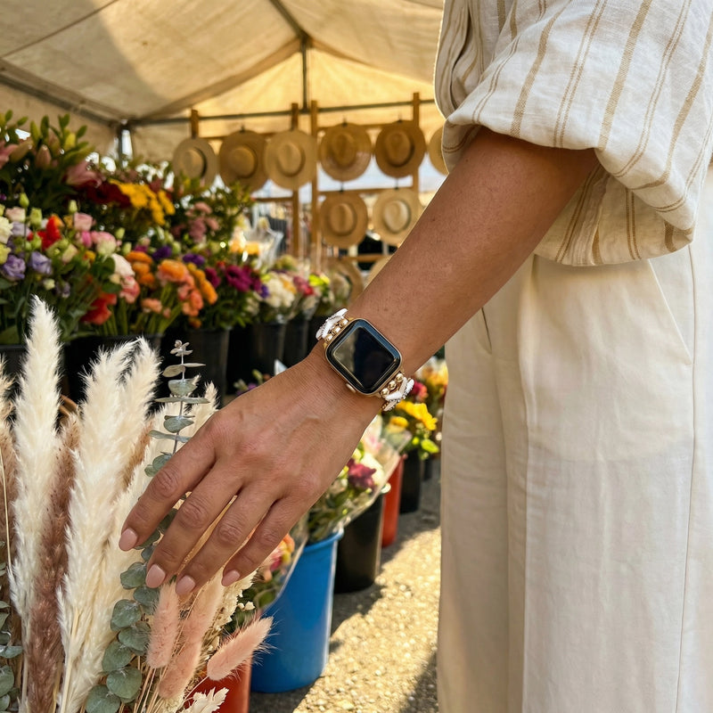 Apple Watch Bracelet for Women, Marine Patterns, Starfish, Seashells, Colorful Rhinestones, Metal Alloy, Elastic, Marina Model