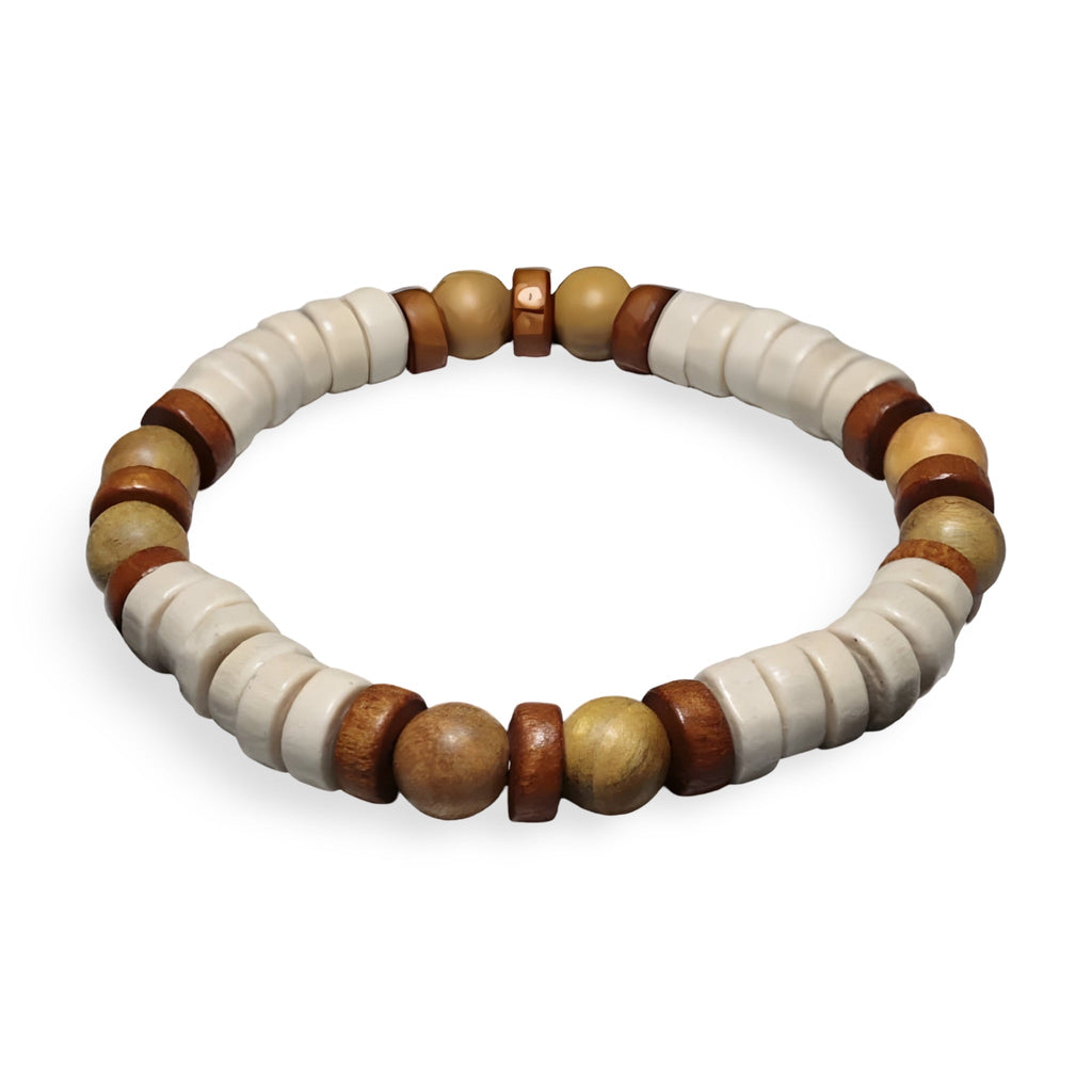 Bracelet homme en perles bois clair et foncé avec pierres naturelles beige et marron.