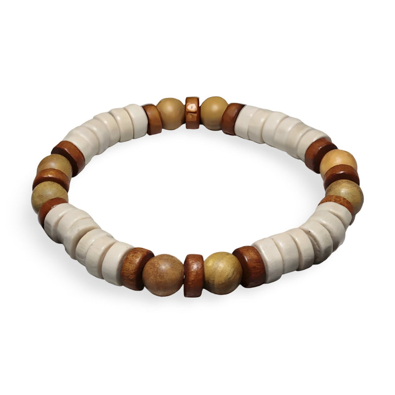 Bracelet homme en perles bois clair et foncé avec pierres naturelles beige et marron.