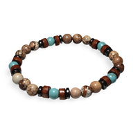 Bracelet homme perles de bois marron et pierres naturelles turquoise et beige, style élastique.