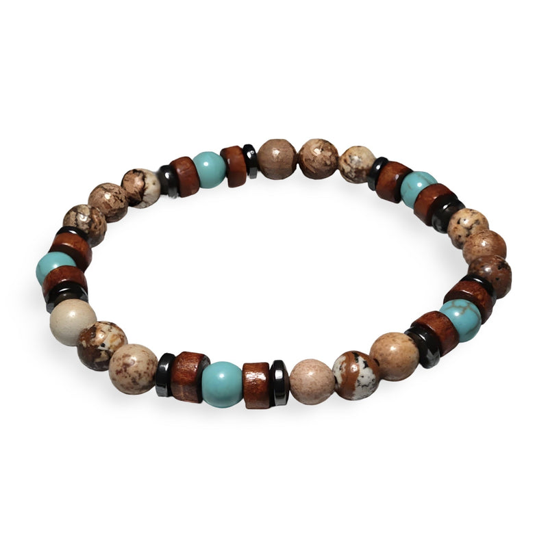 Bracelet homme perles de bois marron et pierres naturelles turquoise et beige, style élastique.
