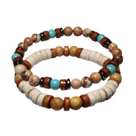 Lot de 2 bracelets pour homme en perles de bois clairs, pierres turquoise et marron avec intercalaires noirs.