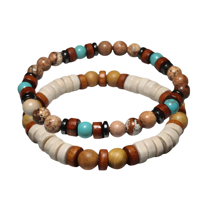 Lot de 2 bracelets pour homme en perles de bois clairs, pierres turquoise et marron avec intercalaires noirs.
