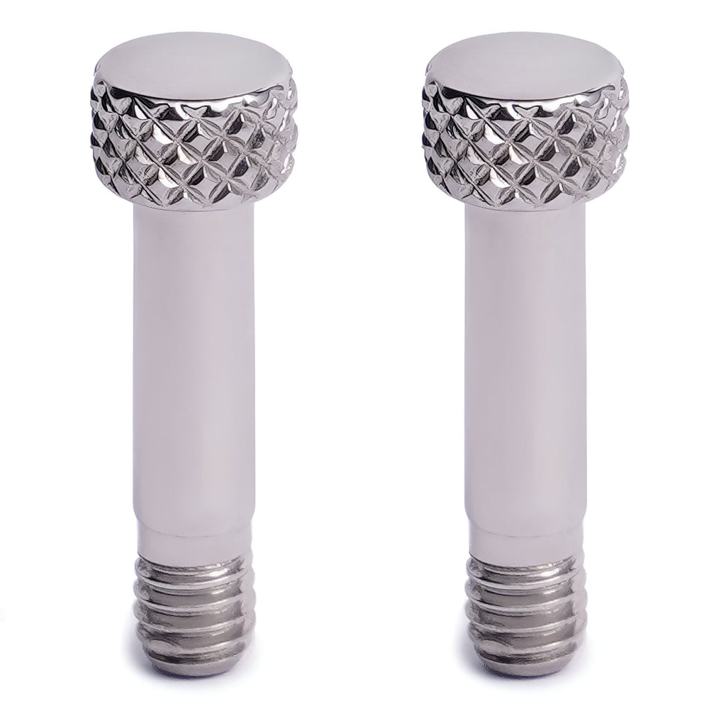 Lot de 2 vis de manille argentées avec tête moletée texturée et embase filetée métallique.