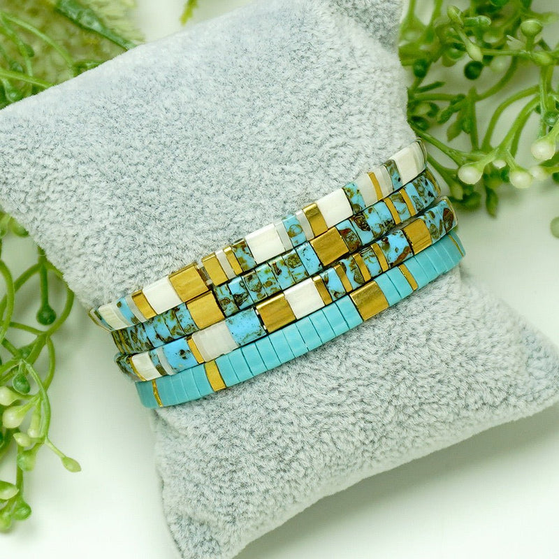Juego de 4 pulseras de cuentas japonesas Miyuki en turquesa jaspeado y blanco, conjunto para mujer, joyas elásticas para la muñeca, set de cuatro piezas, accesorios veraniegos luminosos, modelo Rinka