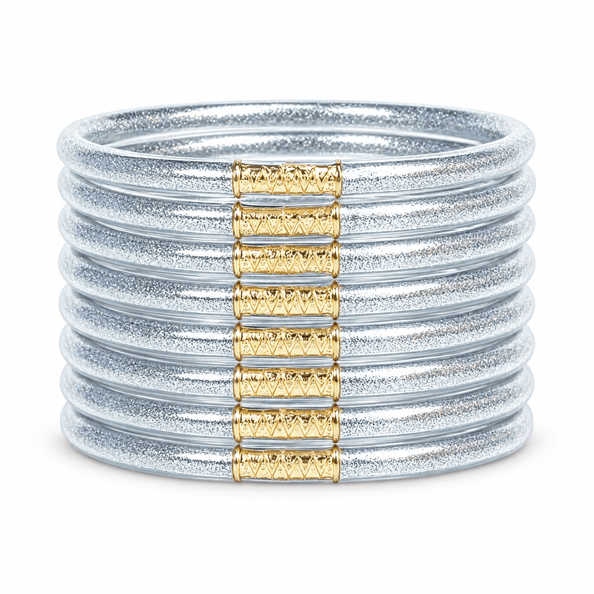 Packshot studio Boudie argent : lot fidèle de 9 joncs en silicone à connecteurs dorés.