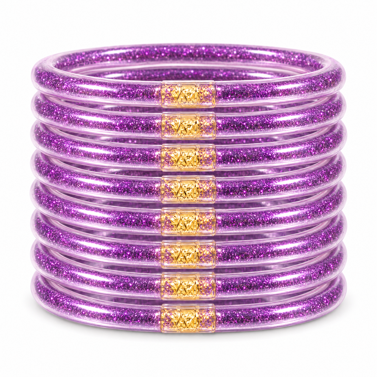Packshot studio Boudie violet : lot fidèle de 9 joncs en silicone à connecteurs dorés.