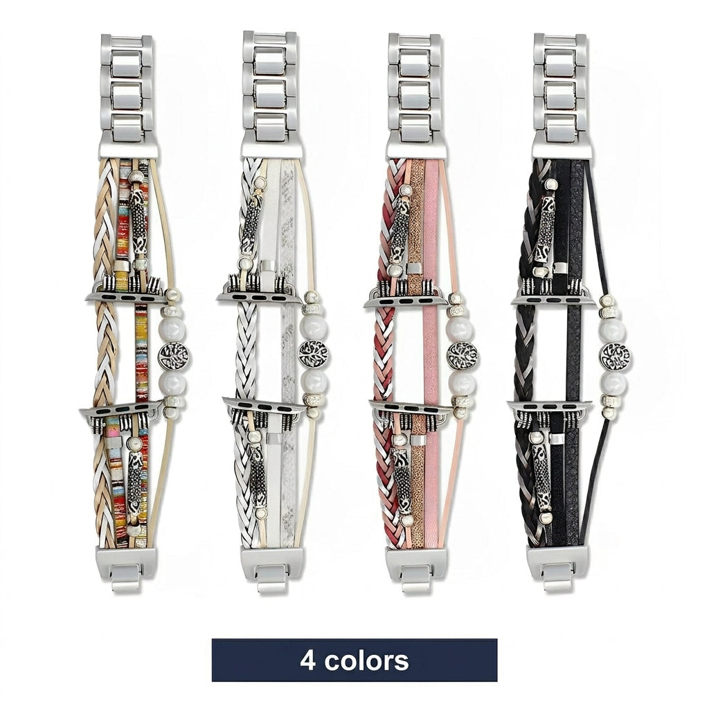 Geflochtenes Apple Watch Armband mit mehreren Reihen, Lebensbaum-Charm, für Damen, Modell Ténecia