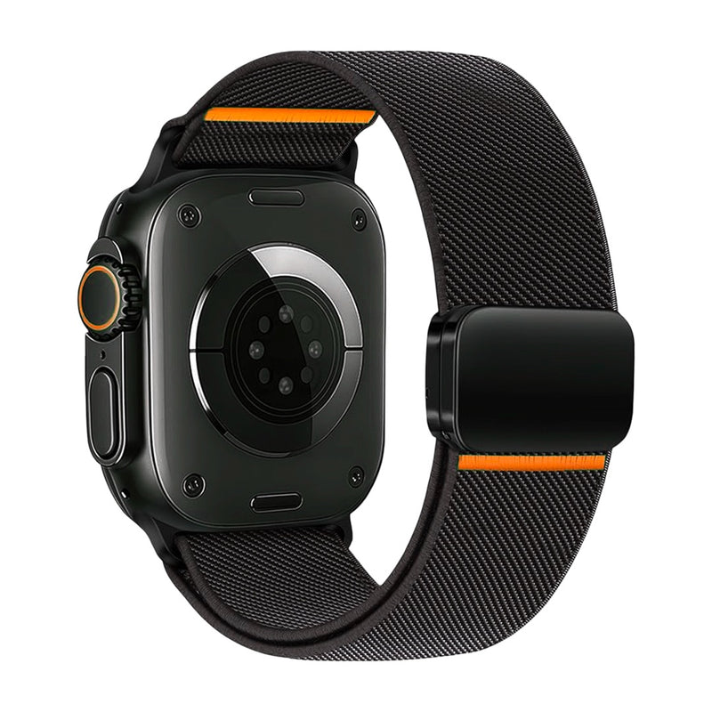 Bracelet Apple Watch nylon noir respirant avec fermeture magnétique noire et détail orange subtile.