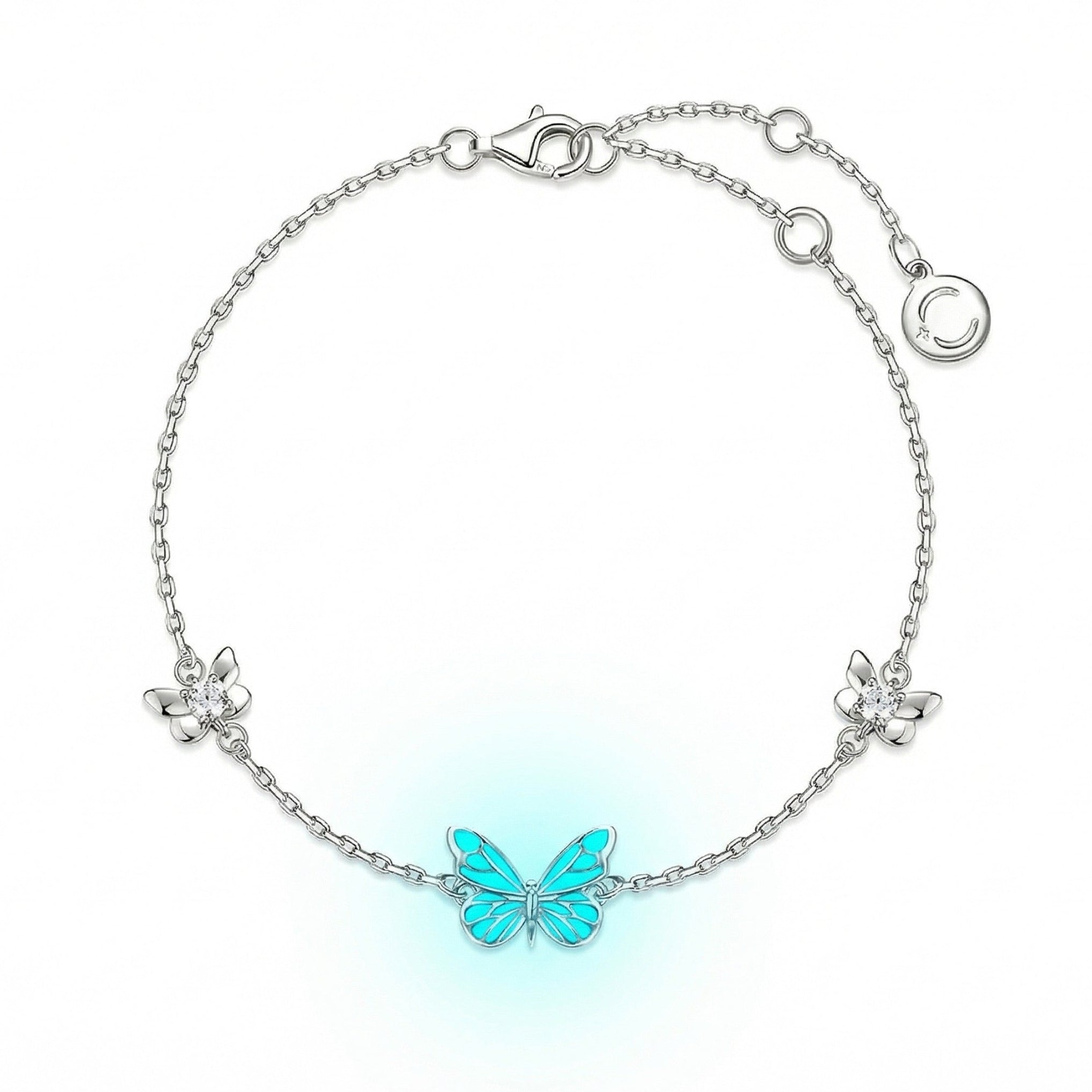 Glow-in-the-dark butterfly bracelet, 925 sterling silver, adjustable fine chain, luminous jewelry, captivating nighttime shine, Papirusa model