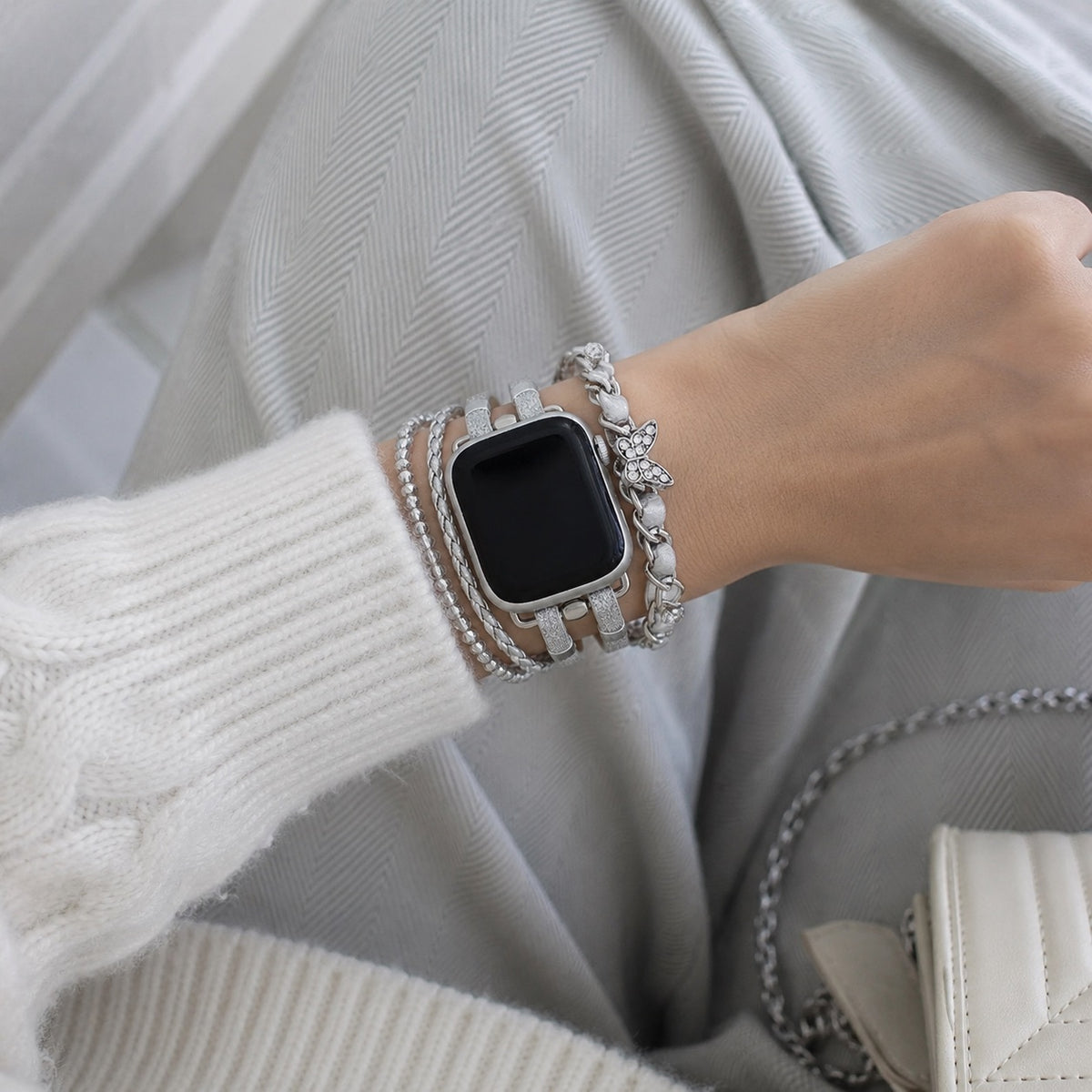 Multi-strand Apple Watch Bracelet, adjustable link design with butterfly charm, chic and elegant, Zoune model