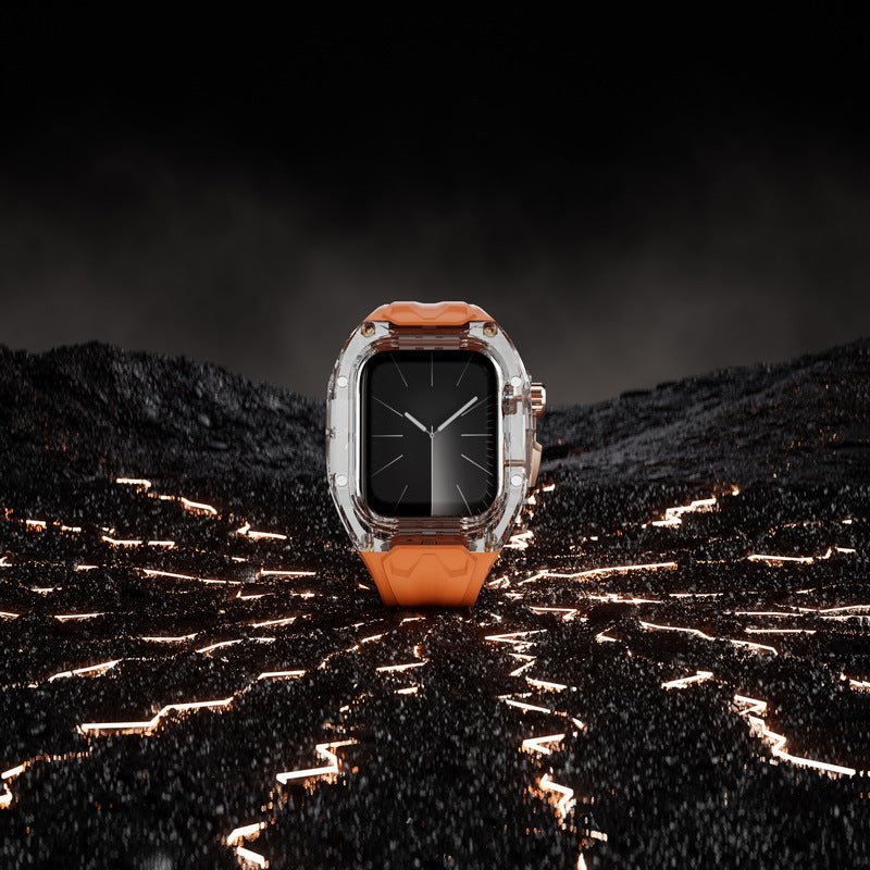 Protection boîtier transparent Apple Watch Ultra avec bracelet en TPU orange souple et robuste.