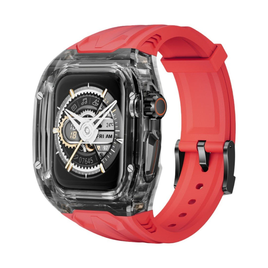 Coque de protection transparente pour Apple Watch Ultra avec bracelet en TPU rouge robuste et boucle noire.