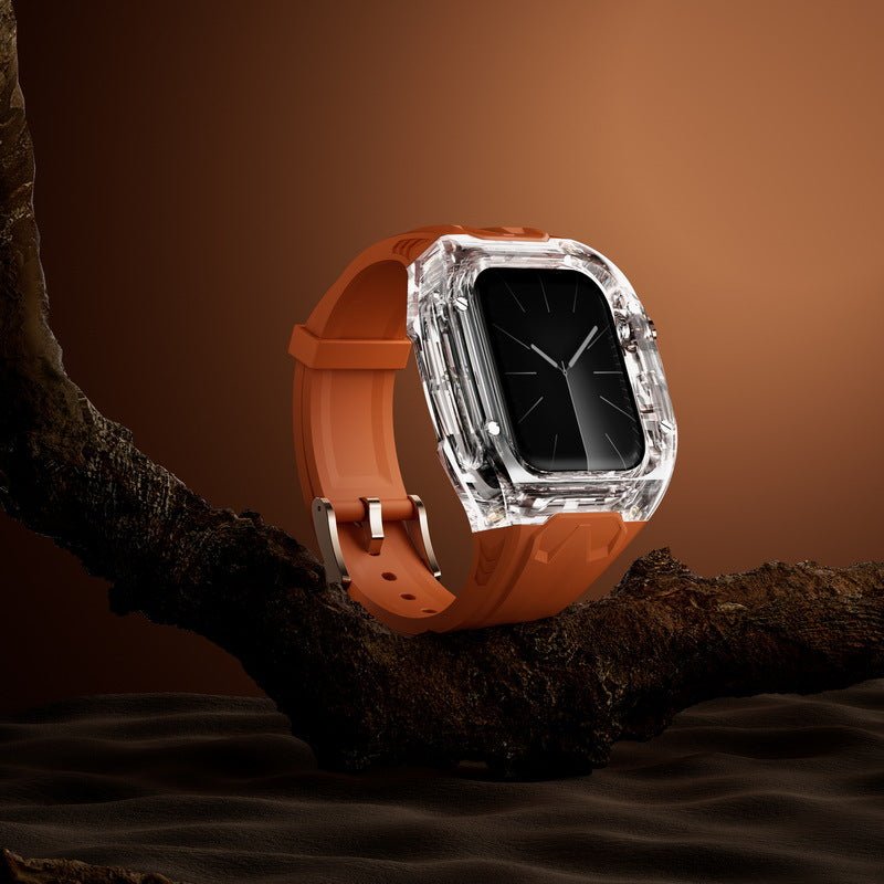 Bracelet TPU orange avec protection transparente renforcée pour boîtier Apple Watch Ultra.