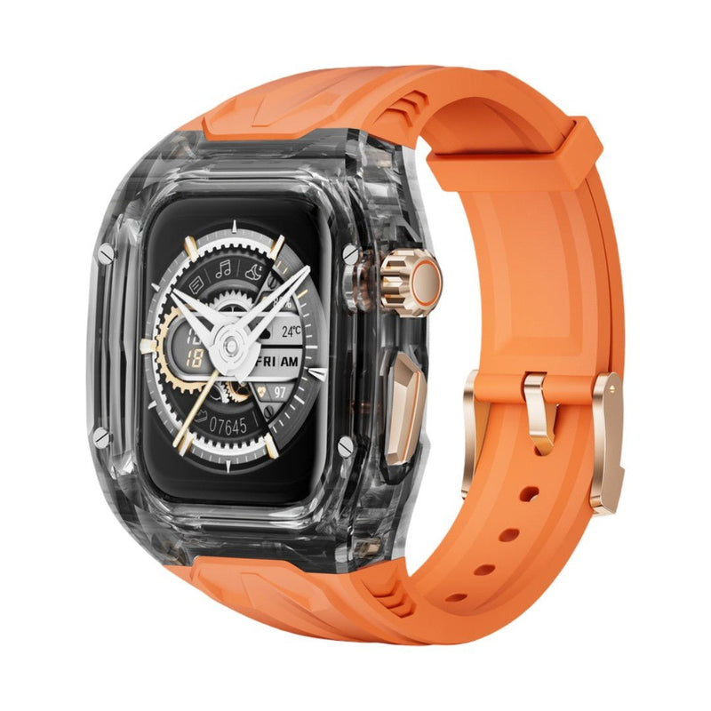 Protection boîtier transparent pour Apple Watch Ultra avec bracelet robuste en TPU orange et boucle métallique dorée.