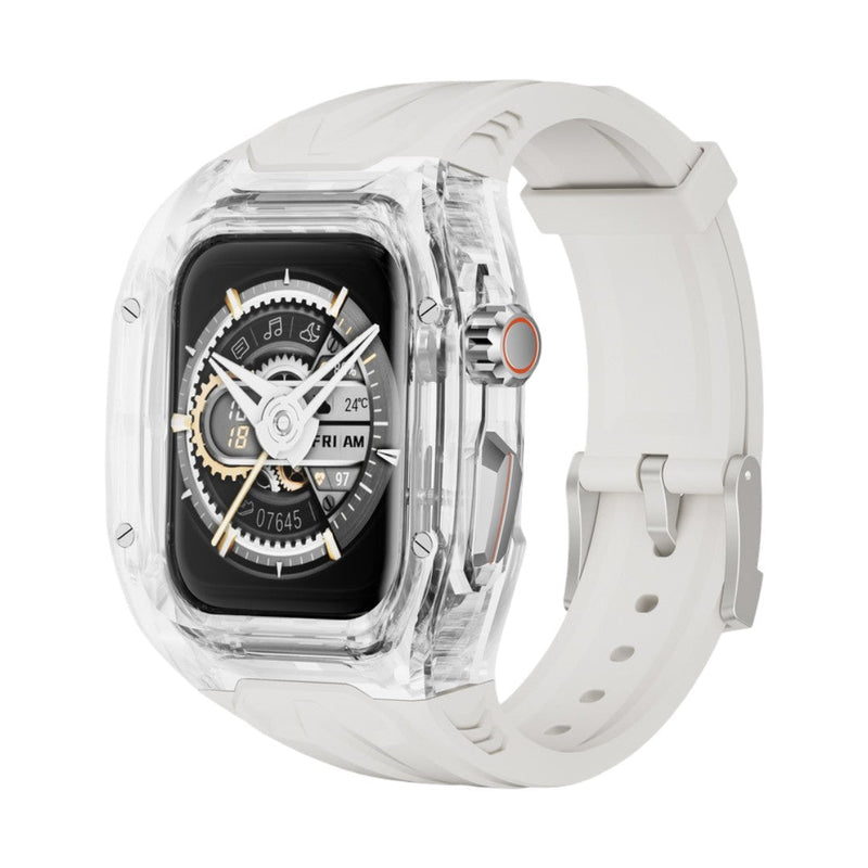 Protection boîtier Apple Watch Ultra transparent en TPU solide avec bracelet blanc confortable à boucle ajustable.