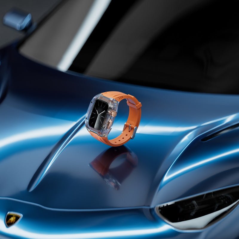 Protection boîtier Apple Watch Ultra en TPU orange translucide avec bracelet assorti, design robuste et moderne.