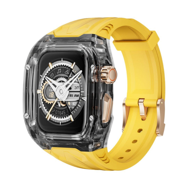 Protection boîtier Apple Watch Ultra transparent avec bracelet robuste en TPU jaune et boucle métallique rose doré.