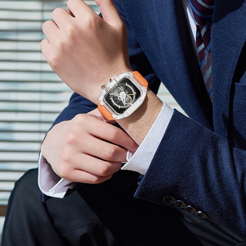 Montre Apple Watch Ultra avec coque protège-boîtier transparente et bracelet TPU orange vif, style robuste et moderne.