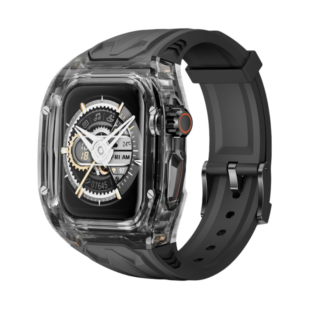 Coque de protection transparente pour Apple Watch Ultra avec bracelet noir en TPU renforcé et design robuste.