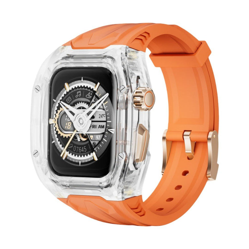 Bracelet Apple Watch ultra orange en TPU solide avec coque intégrale transparente et confort renforcé.