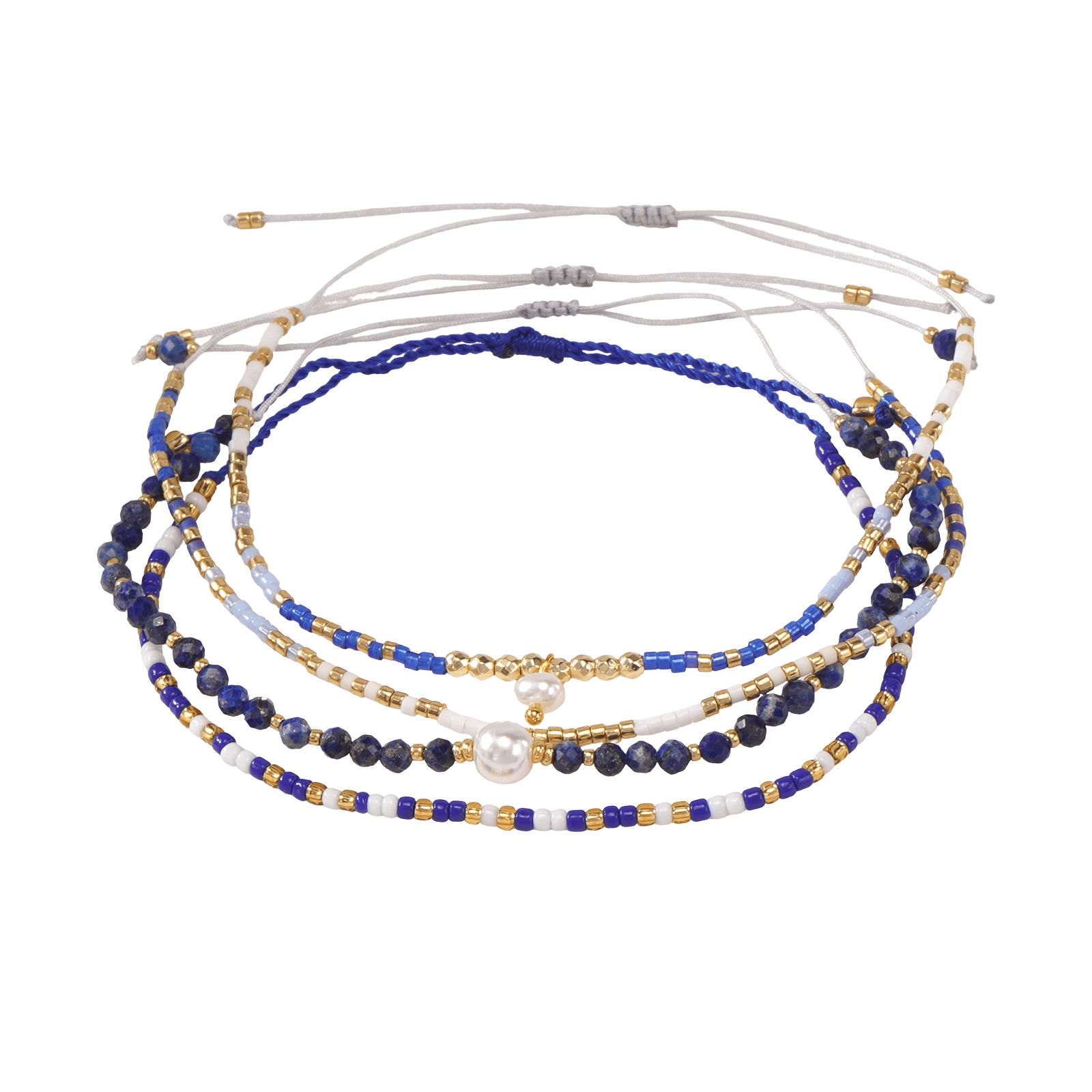 Set de bracelets fins en perles bleues lapis lazuli, dorées et blanches avec cordons ajustables blanc et bleu.