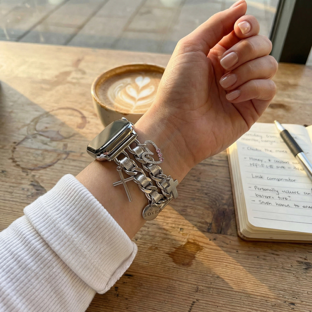 Apple Watch Bracelet, multiple heart and cross charms, clip-on metal links, women's watch jewelry, trendy accessory, Erza model