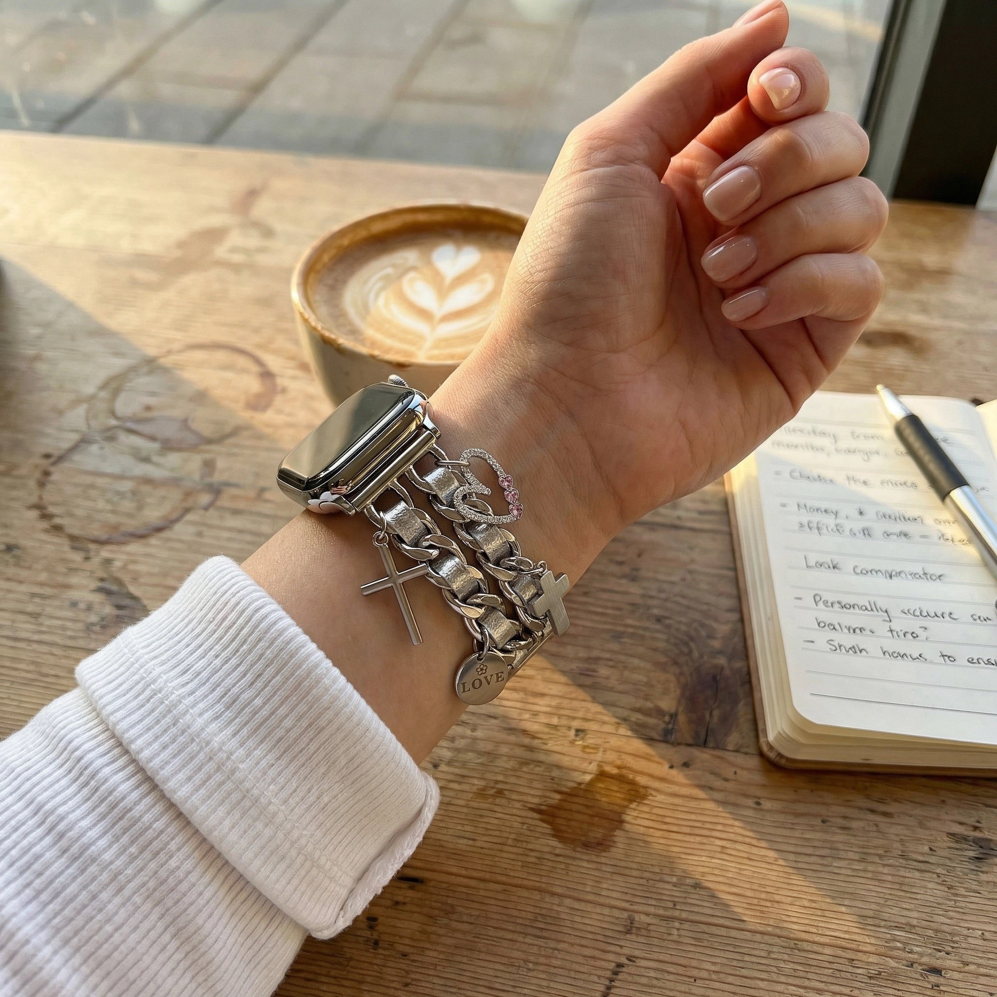 Apple Watch Bracelet, multiple heart and cross charms, clip-on metal links, women's watch jewelry, trendy accessory, Erza model