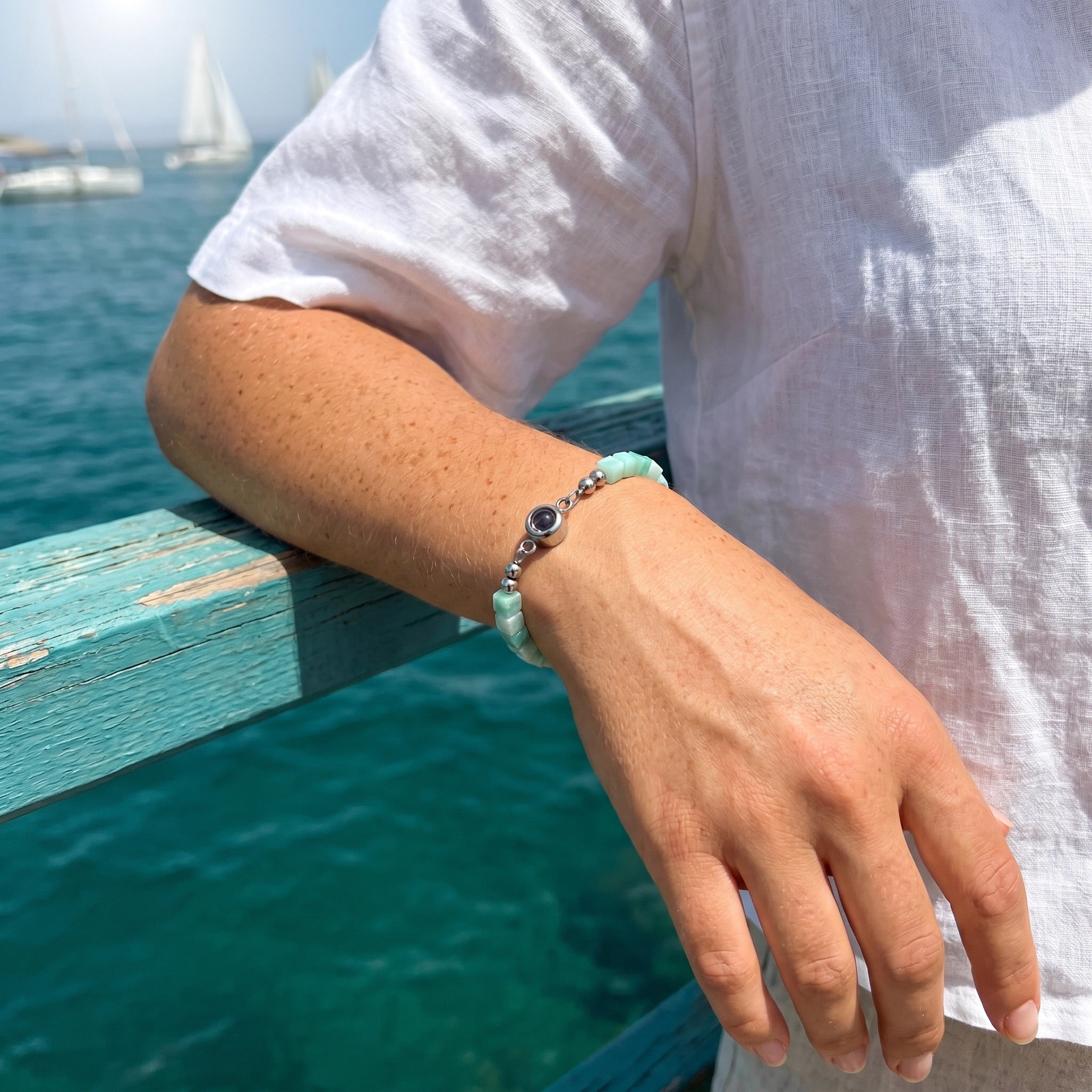 Bracelet personnalisé photo, perles cubiques en pierre naturelle, acier inoxydable, bijou souvenir sur mesure, modèle Akine