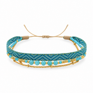 Packshot studio bracelet Bracelet multi-rangs en pierres naturelles et perles Miyuki, finition doree, modele Thaliane Amazonite, vue de face sur fond blanc — 9 octobre 2026
